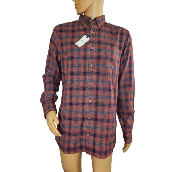 Rowm Mens Size LT Brick Red Plaid Button-Down Shirt 55% Polyester 45% Cotton - Picture 1 of 10